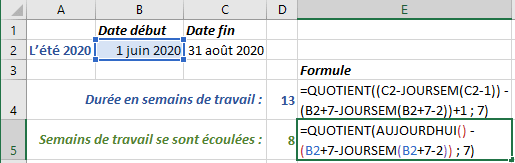 Exemple de calculer un nombre de semaines de travail complètes écoulées dans Excel 365
