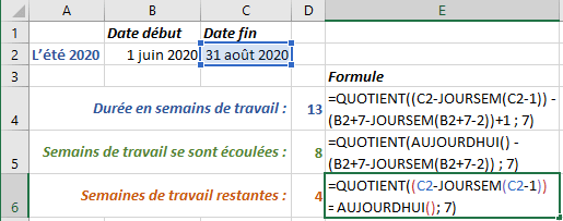 Exemple de calculer un nombre de semaines de travail complètes restantes dans Excel 2016