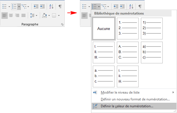 Définir la valeur de numérotation dans Word 2016