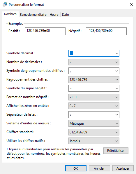La boîte de dialogue Personnaliser le format Windows 10