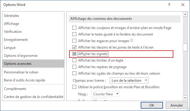 La boîte de dialogue Options Word 2016