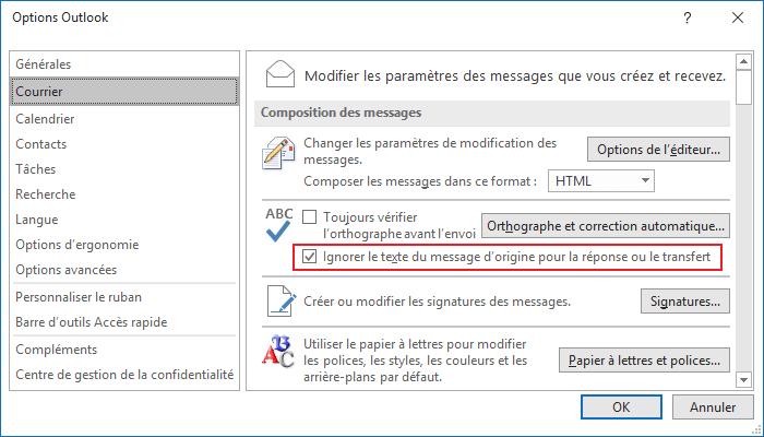 Ignorer le texte du message d'origine pour la réponse ou le transfert dans Outlook 2016