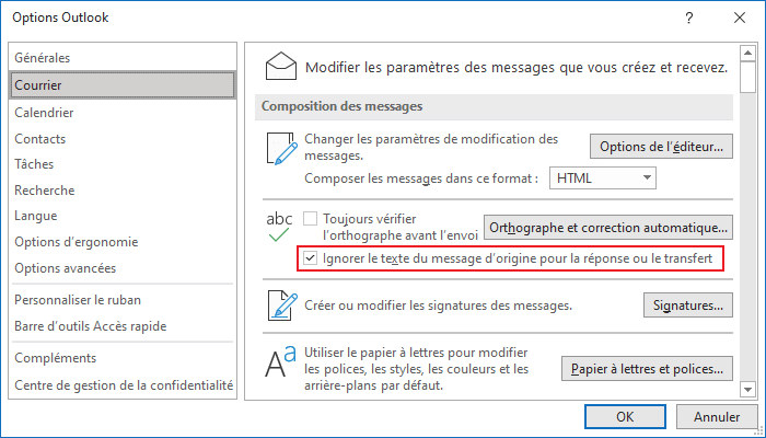 Ignorer le texte du message d'origine pour la réponse ou le transfert dans Outlook 365