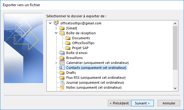 Exporter vers un fichier 2 dans Outlook 2016