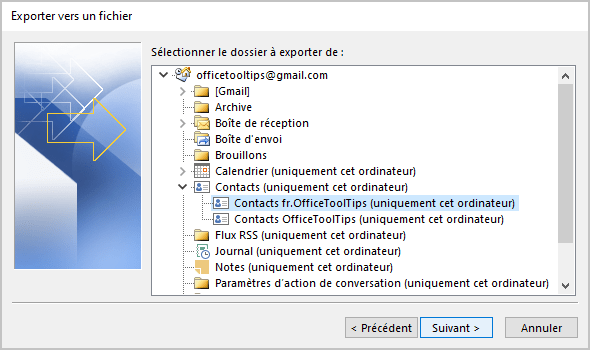Exporter vers un fichier 2 dans Outlook 365