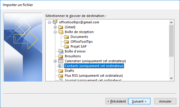 Importer un fichier 4 dans Outlook 2016