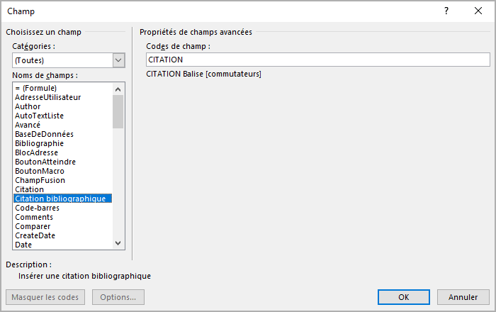 La boîte de dialogue Champ dans Word 365