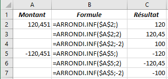 La fonction ARRONDI.INF dans Excel 365