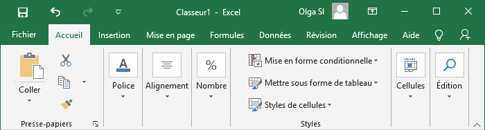 Le ruban en mode tactile dans Excel 2016