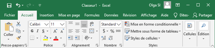Le ruban en mode souris dans Excel 2016