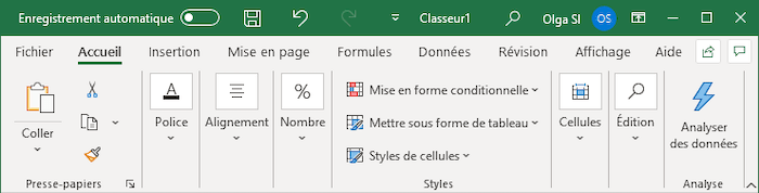 Le ruban en mode tactile dans Excel 365