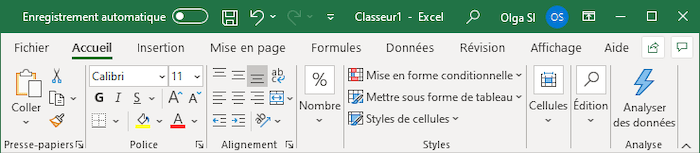 Le ruban en mode souris dans Excel 365