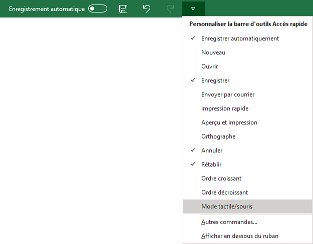 Outils Accès rapide dans Excel 365