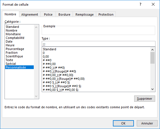 La boîte de dialogue Format des cellules dans Excel 2016
