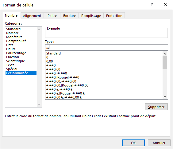 La boîte de dialogue Format des cellules dans Excel 365