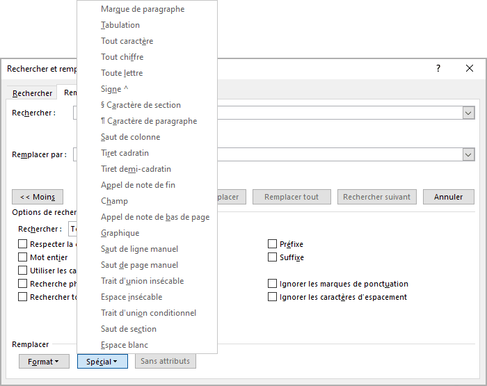 Caractères dans le menu Spécial Word 365