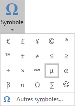 Le symbole Micro, la lettre mu dans Symboles Word 2016
