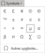 Le symbole Micro, la lettre mu dans Symboles Word 365