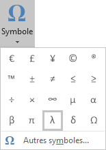 Le symbole lambda dans Symboles Word 2016