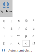 Le symbole delta dans Symboles Word 2016