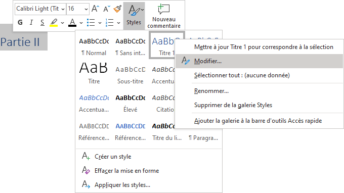 Modifier le style dans le menu contextuel Word 365