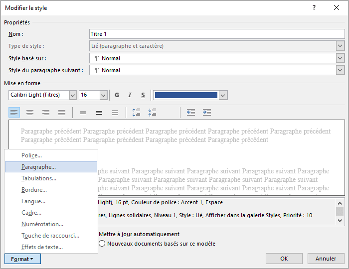 La boîte de dialogue Modifier le style dans Word 365