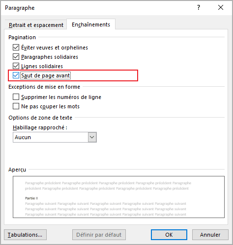 La boîte de dialogue Paragraphe dans Word 365