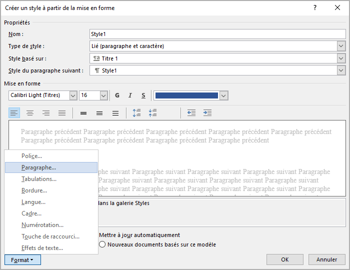 La boîte de dialogue Créer un style à partir de la mise en forme dans Word 365