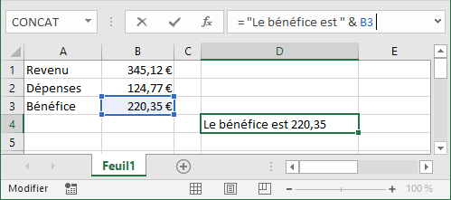 Combiner du texte et valeurs dans Excel 2016