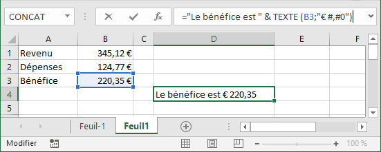 Combiner du texte et valeurs formatées dans Excel 365