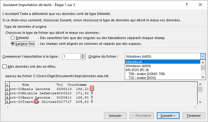 Origine du fichier dans Assistant Importation de texte Excel 365