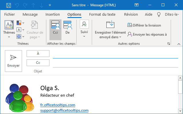 Le bouton Cci dans Outlook 365