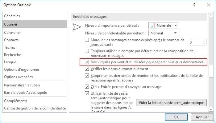 Des virgules peuvent être utilisées pour séparer plusieurs destinataires dans Outlook 365