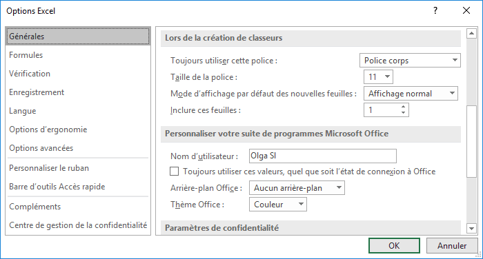 Le nombre de feuilles pour les nouveaux classeurs dans Excel 2016