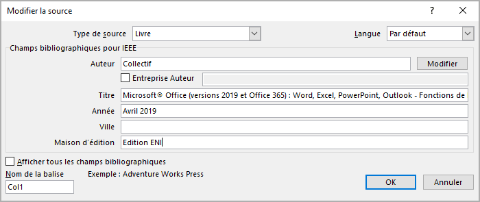 La boîte de dialogue Modifier la source dans Word 365