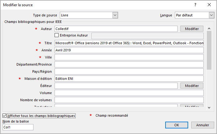 Afficher tous les champs bibliographiques dans Word 365