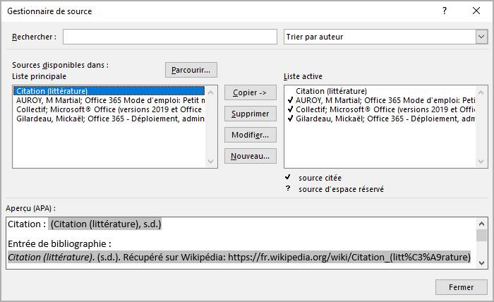 La boîte de dialogue Gestionnaire de sources dans Word 365