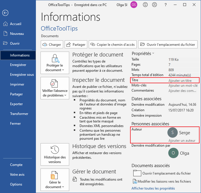 Informations dans Word 365