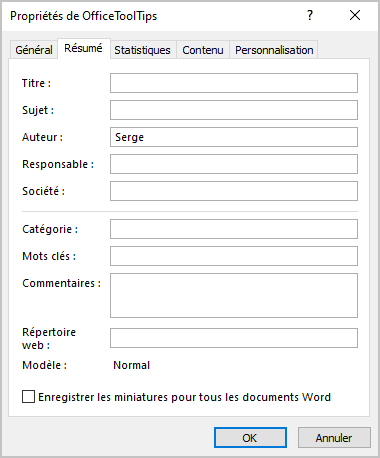 Résumé dans Propriétés du document Word 365