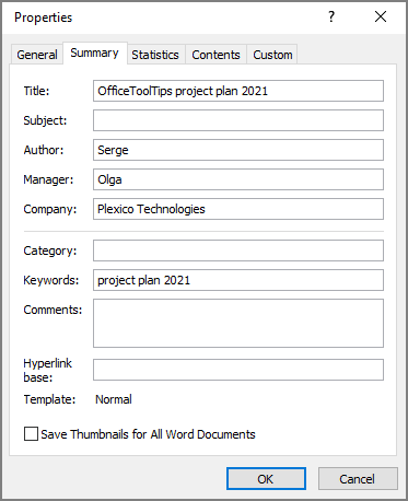 L'exemple de Résumé dans Propriétés du document Word 365