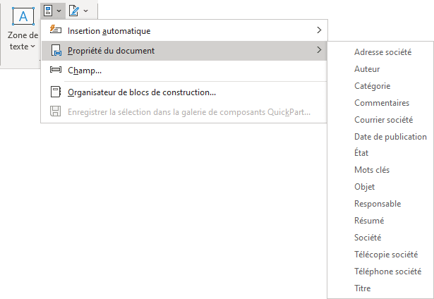 Les informations du document dans QuickPart Word 365