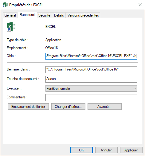 Propriétés de : EXCEL dans Excel 2016