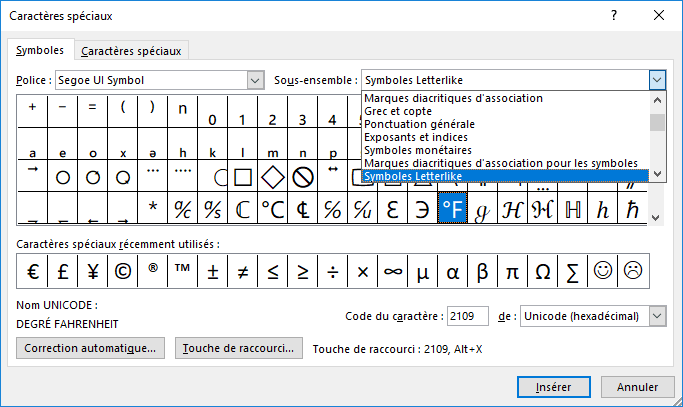 Le symbole degré dans Symboles Letterlike Caractères spéciaux Word 2016