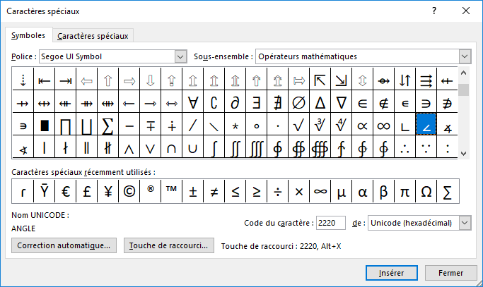 Les symboles de l'angle dans Caractères spéciaux Word 2016
