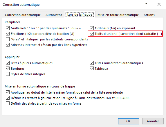 Traits d'union avec tiret demi-cadratin dans Word 2016