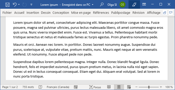 Lorem Ipsum texte dans Word 365