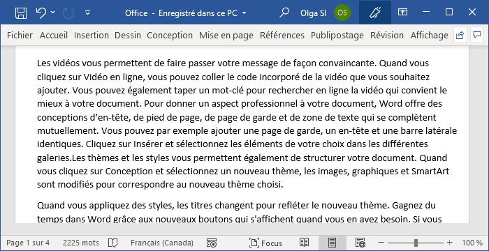 Documentation Office texte dans Word 365