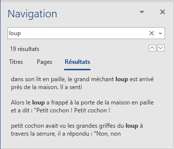 Résultats du volet Navigation dans Word 365