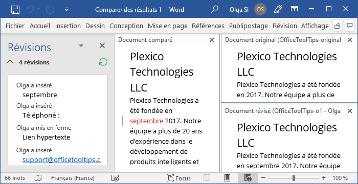 Comparer des résultats dans Word 365