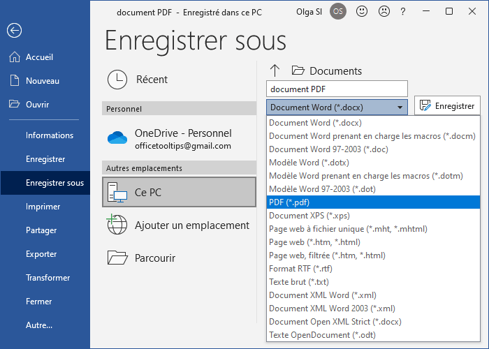 comment enregistrer un document sur windows 10